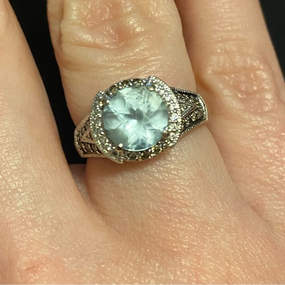 LeVian Aquamarine Ring 14kt White Gold Chocolate Diamonds 6.5 - Picture 1 of 6